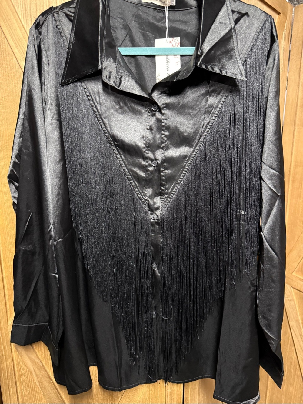 Southern Stitch NWT Black Fringe Satin Button-Up Top Western Upscale 3XL